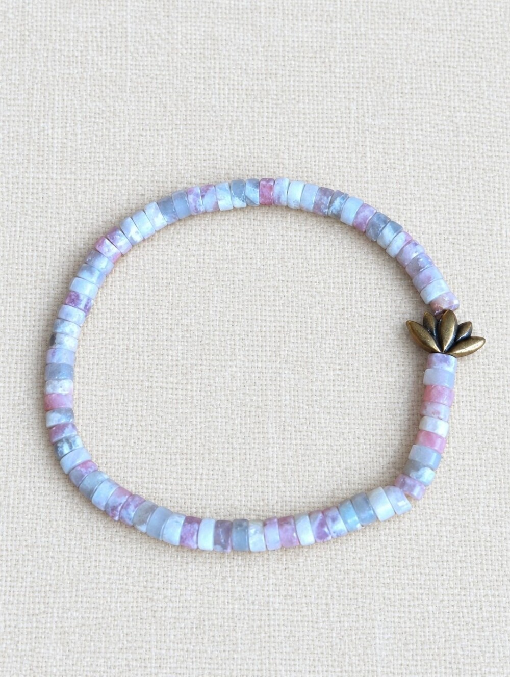 Tourmaline & Lepidolite Beaded Stretch Bracelet with Lotus Accent | Handmade
